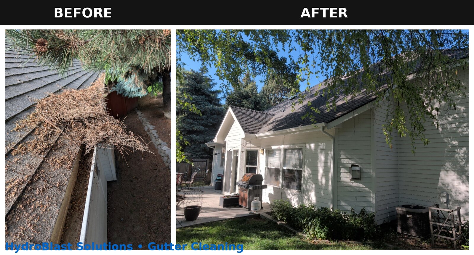 Before and after gutter cleaning by HydroBlast Solutions